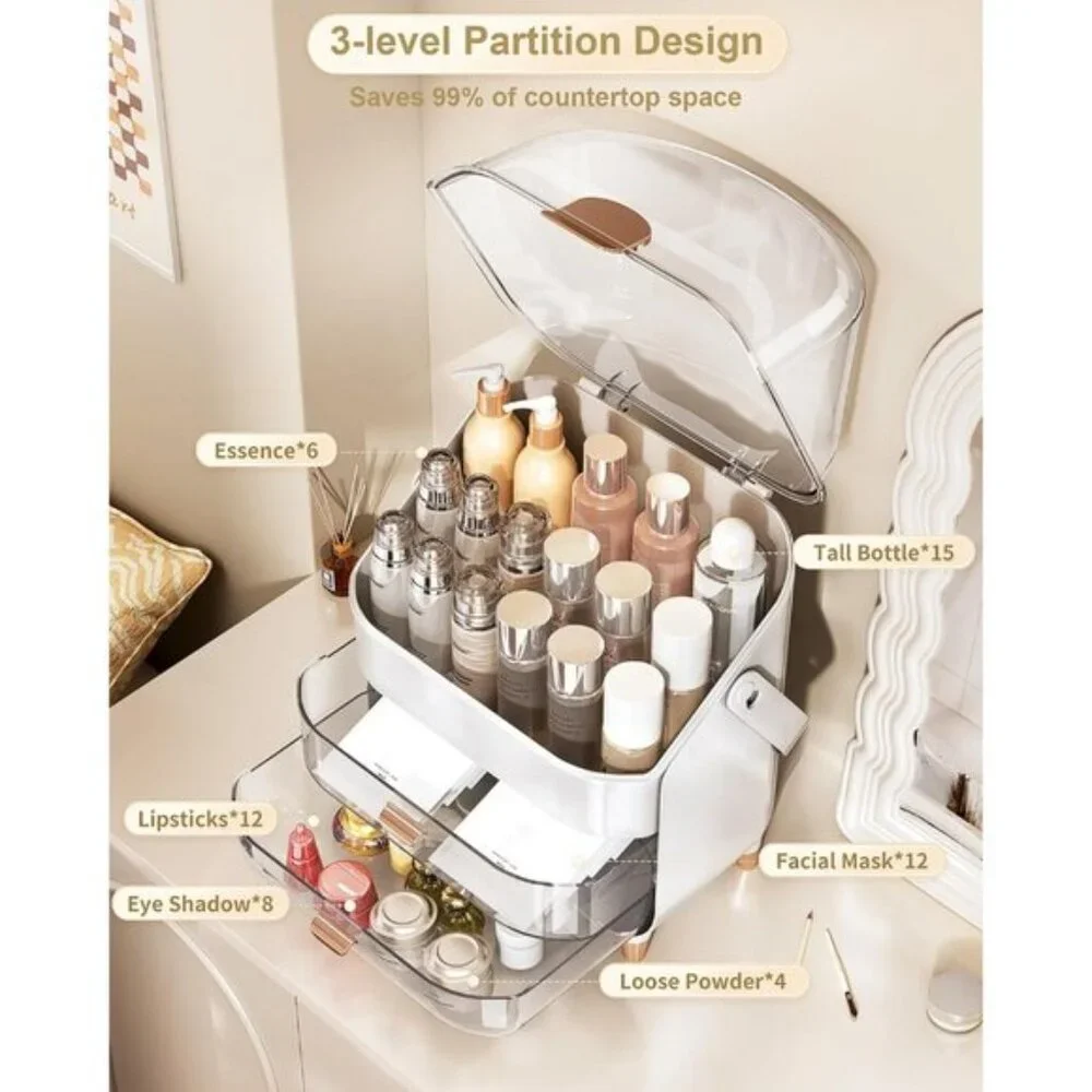 Rose Gold Makeup Organizer, Skincare Holder & Cosmetic Box for Vanity & Gifts